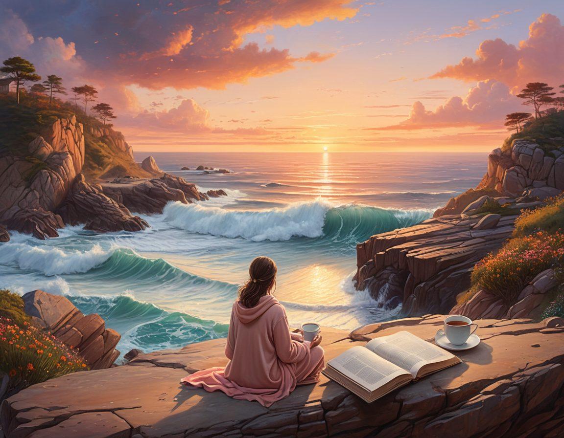 A serene landscape featuring a person sitting on a rocky cliff, gazing at a sunset over a vast ocean, reflecting deep emotions. Surround them with gentle waves, and soft clouds in warm hues, symbolizing hope and resilience. Include elements like a journal and a steaming cup of tea beside them, suggesting self-reflection and comfort. The overall mood should convey tranquility and introspection. super-realistic. pastel colors. soft focus.