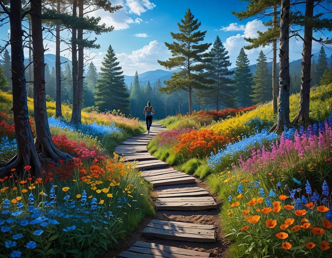 A serene landscape symbolizing transition, featuring a winding path leading from a gloomy forest to a vibrant meadow filled with colorful flowers and a bright sky. Include a figure practicing yoga on the path, embodying tranquility and strength. The juxtaposition of darkness and light reflects emotional transformation. dreamy illustration. vibrant colors. soft focus.