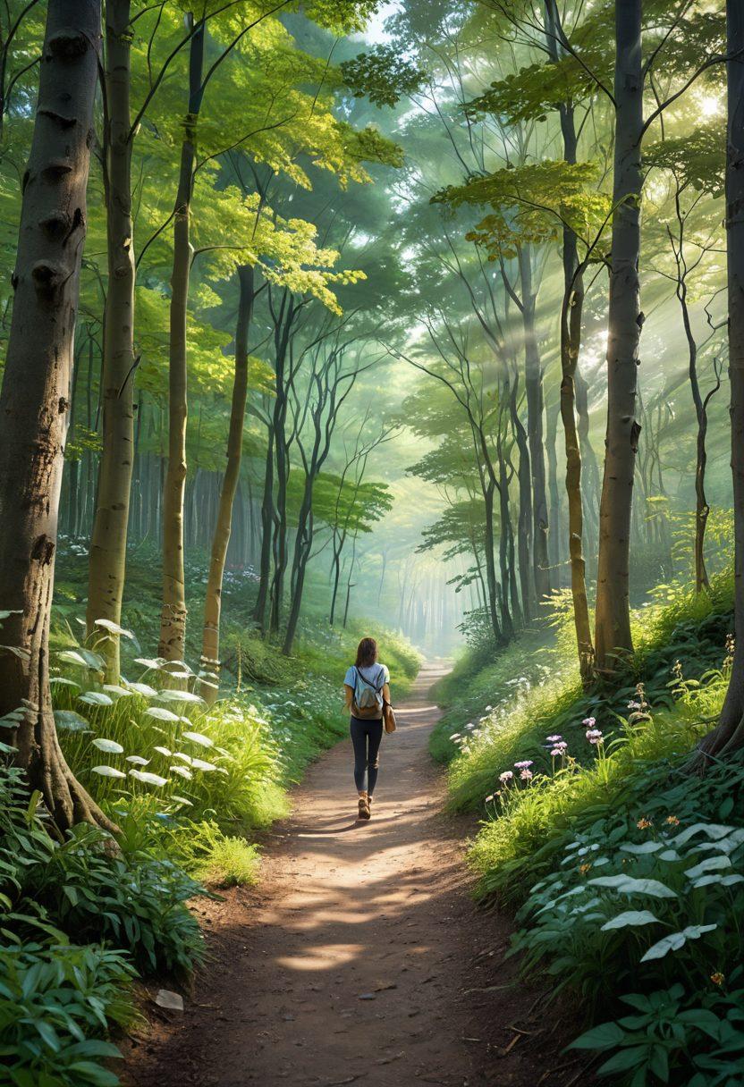 A serene landscape depicting a path through a gentle forest filled with soft light filtering through the trees, symbolizing hope amid sadness. Include a person walking thoughtfully, with reflective expressions, carrying a journal, representing emotional resilience and self-discovery. Add subtle elements of nature, like blooming flowers and butterflies, to convey healing and empowerment. dreamy, soft focus, pastel colors, painting.